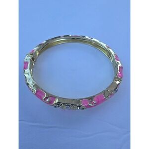Pink Enamel Gold Tone Rhinestone Hinged Bangle Bracelet 6.75 Inch